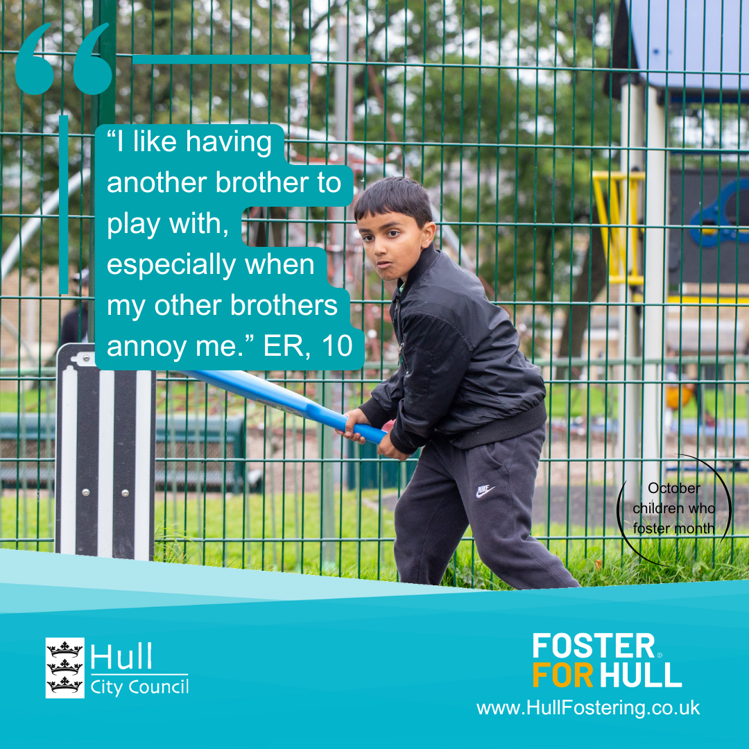 Picture of boy playing bat and ball, with quote "I like having another brother to play with, especially when my other brothers annoy me". ER 10